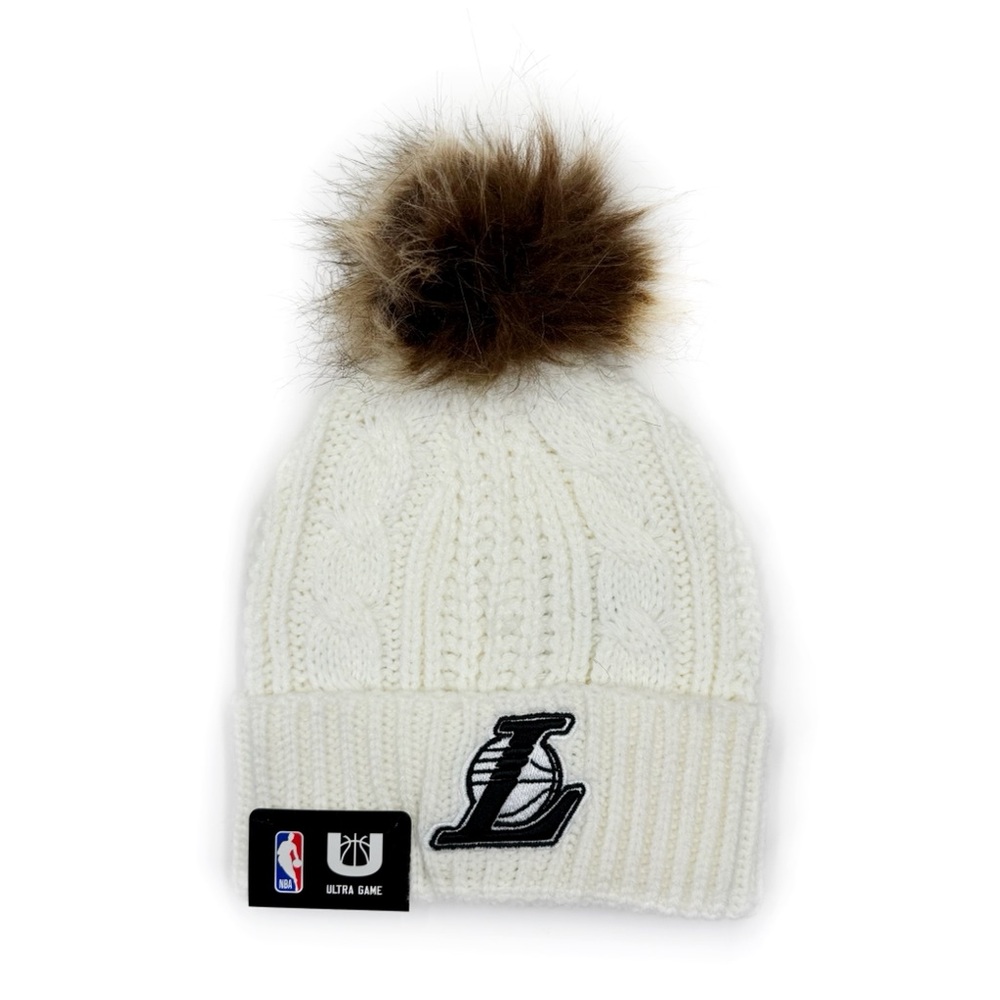 LA Los Angeles Lakers Beanie Womens Cable Knit Winter Hat Faux Fur Pom Cream